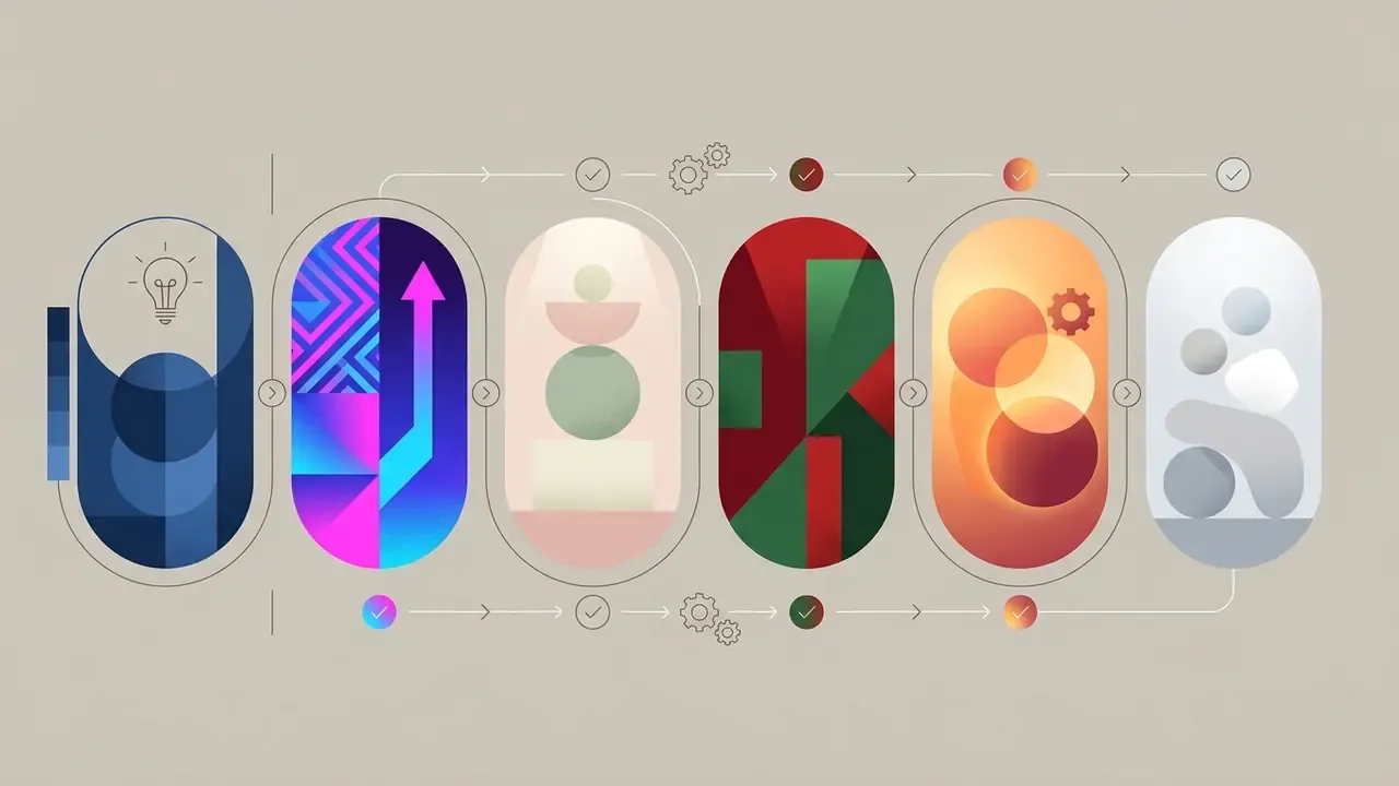Series of six vertical capsules displaying diverse color palettes and abstract graphic design styles