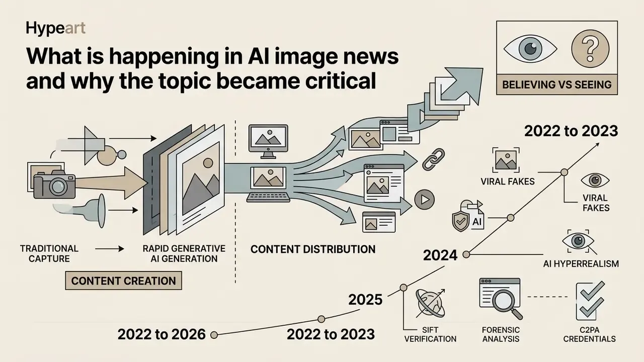 Infographic showing the evolution of AI image creation, distribution, and verification from 2022 to 2026