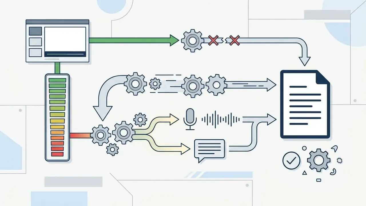 System flow showing bandwidth drops triggering a switch from video to audio and text logging