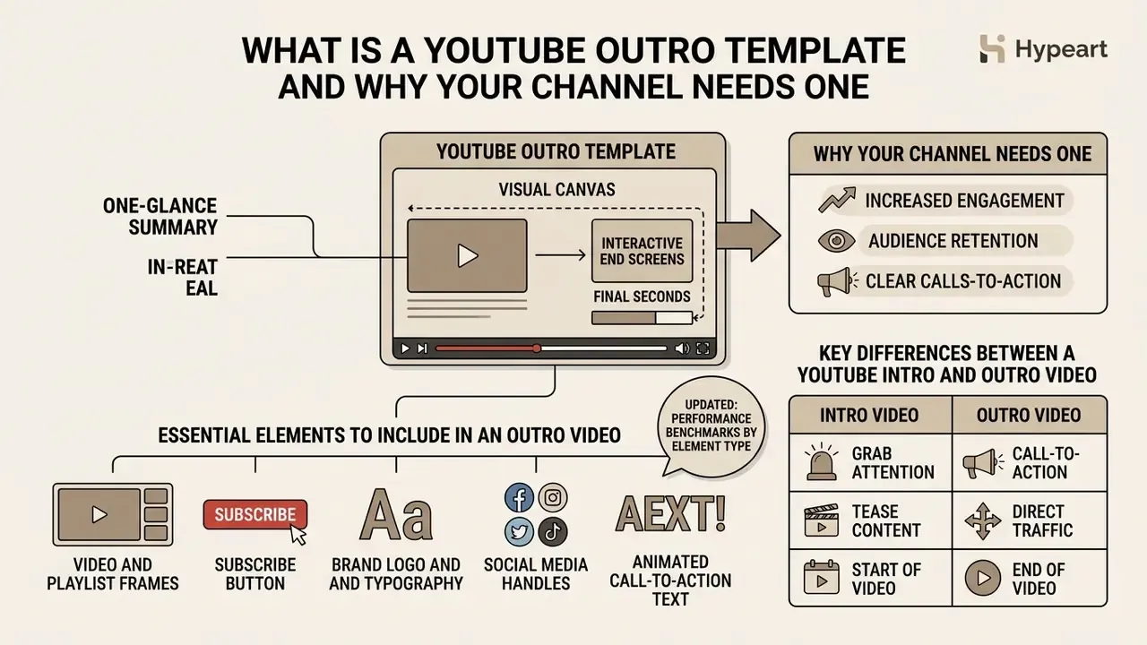 Infographic explaining a YouTube outro template with essential elements and a comparison to intro videos