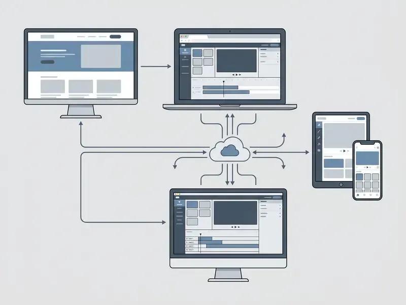 Diagram showing devices connecting to a central cloud hub for synchronized video editing projects