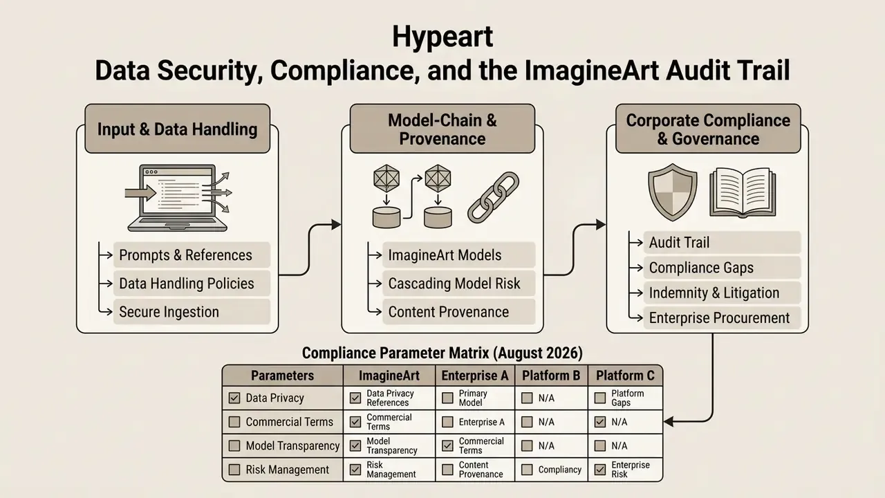 Process diagram showing data handling, model provenance, and corporate compliance for ImagineArt