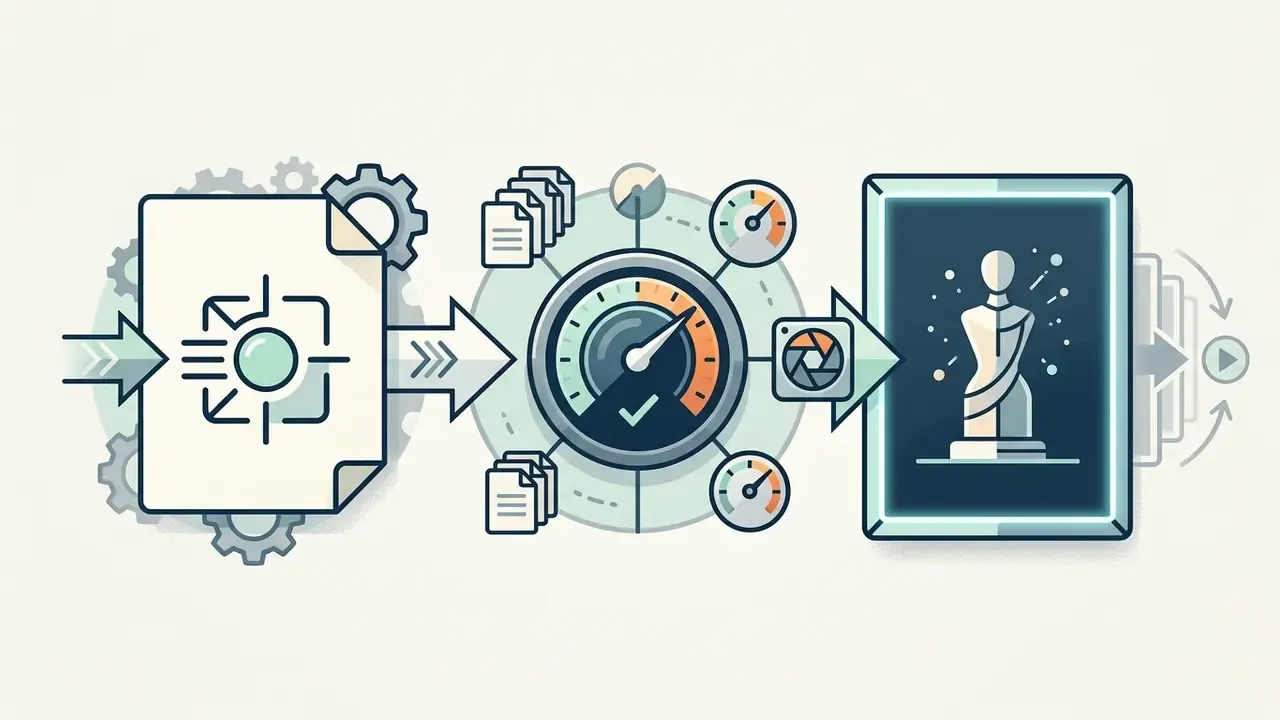 Document icon moving through a central processing gauge to result in a framed subject portrait