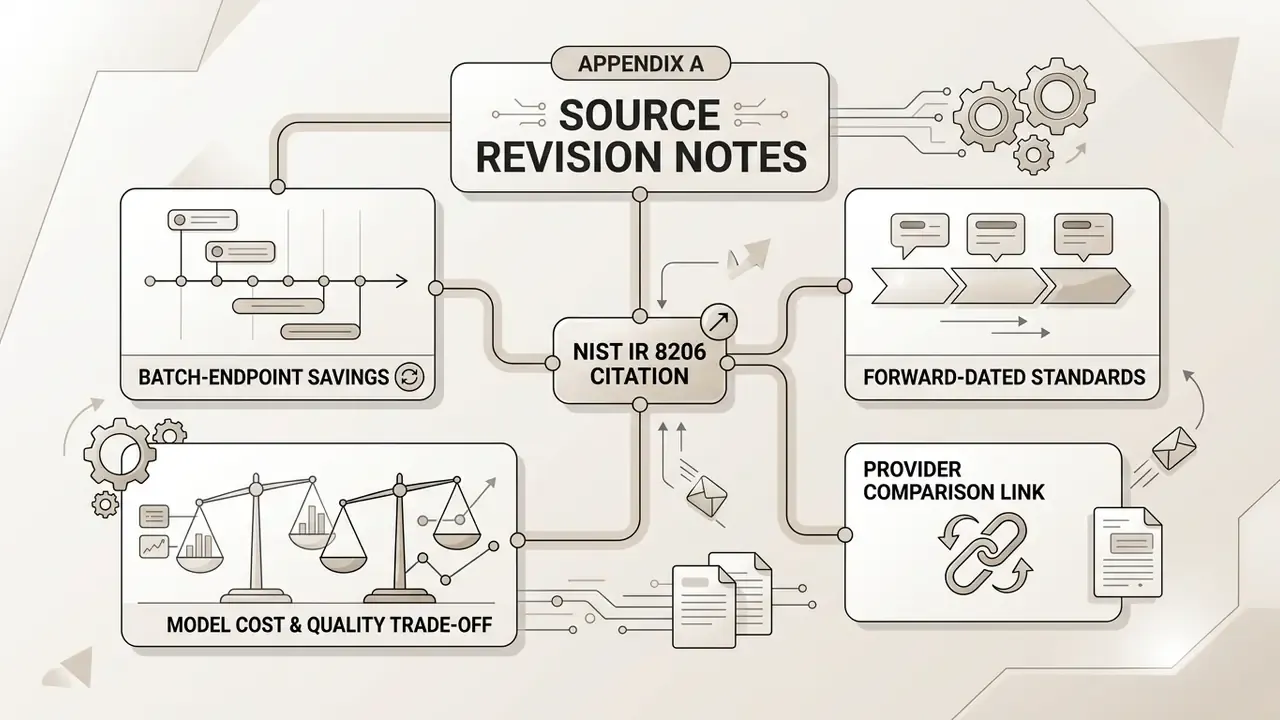 Central node linking NIST IR 8206 citation to four boxes detailing batch savings, standards, and trade-offs