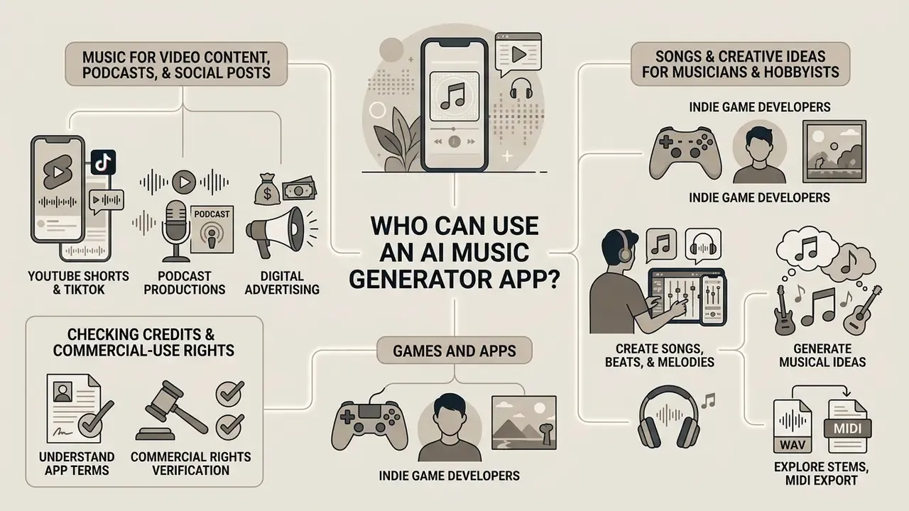 Infographic showing diverse user groups like content creators, musicians, and developers using mobile audio tools