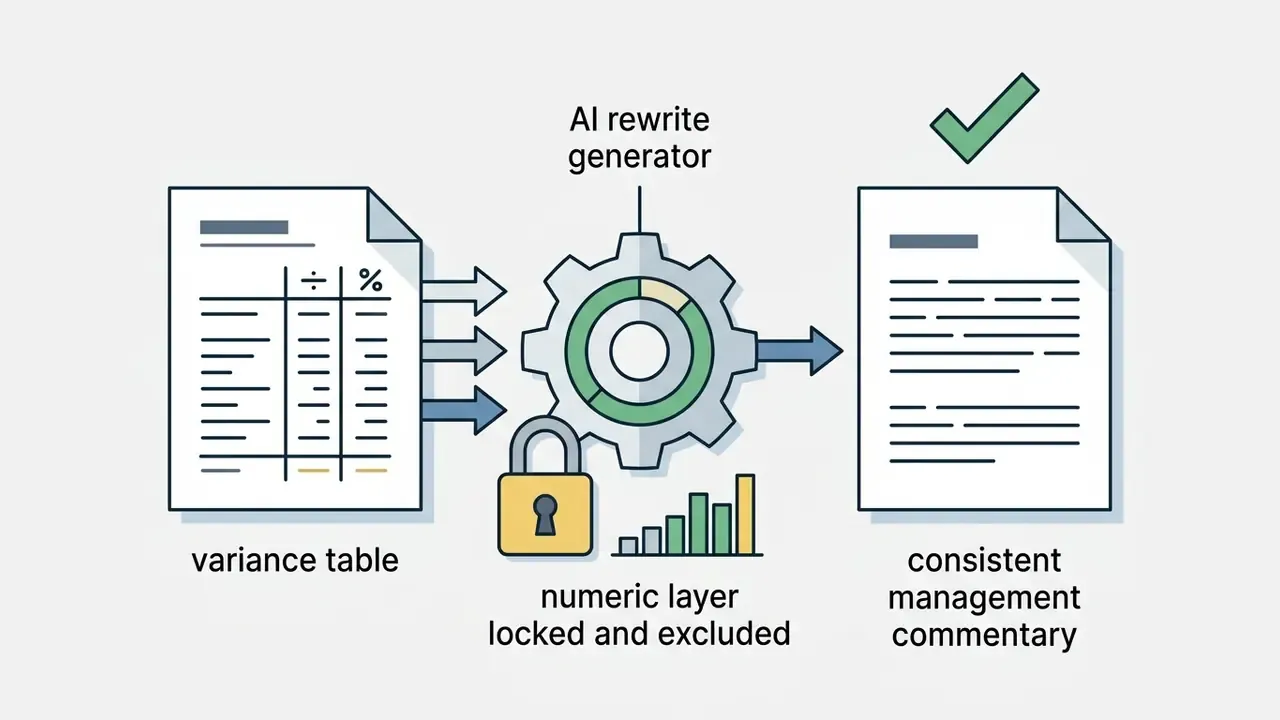 Variance table data flowing through a gear mechanism with a padlock to produce management commentary
