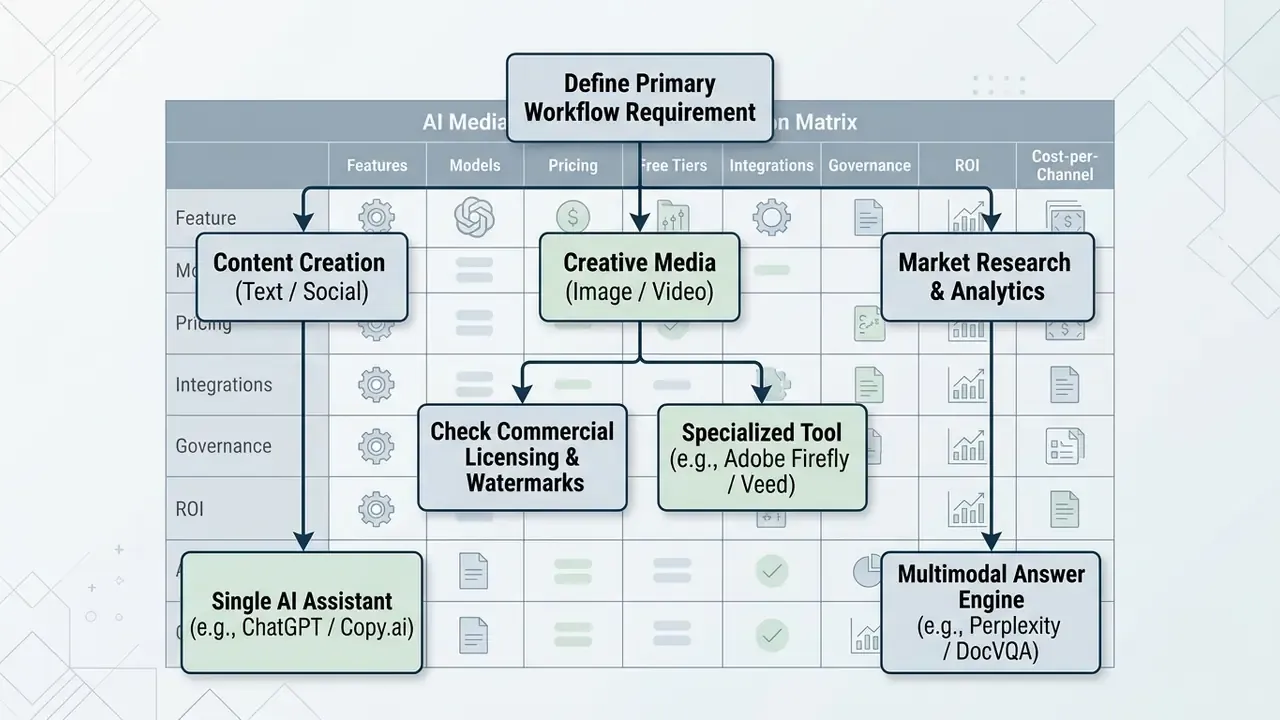 Decision tree diagram showing workflow requirements for selecting AI tools for content and research tasks