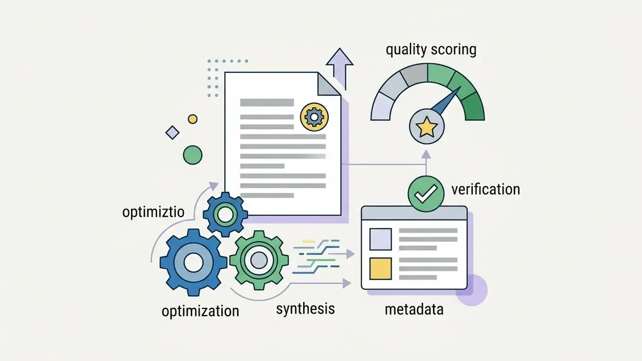 Document icon interacting with gears and a gauge to represent metadata synthesis and quality scoring