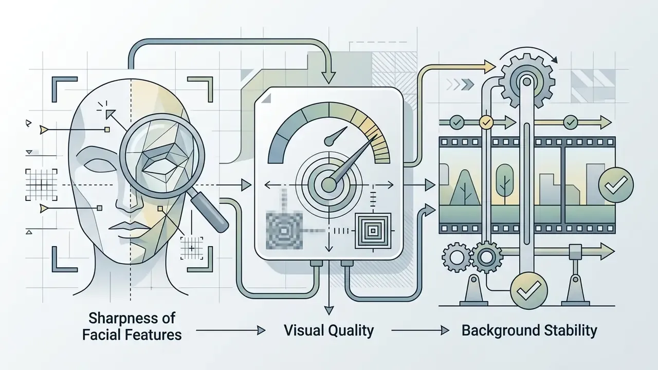 Diagram showing facial feature analysis, a quality gauge, and film strip processing for video stability