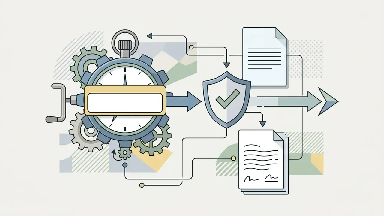 Clockwork mechanism connected to a shield icon and document stacks representing an automated compliance review