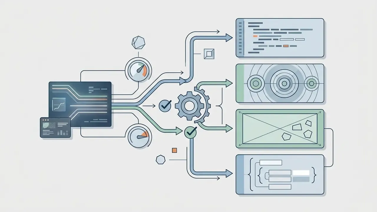 Data flowing from a central interface through a gear mechanism into four distinct output format modules