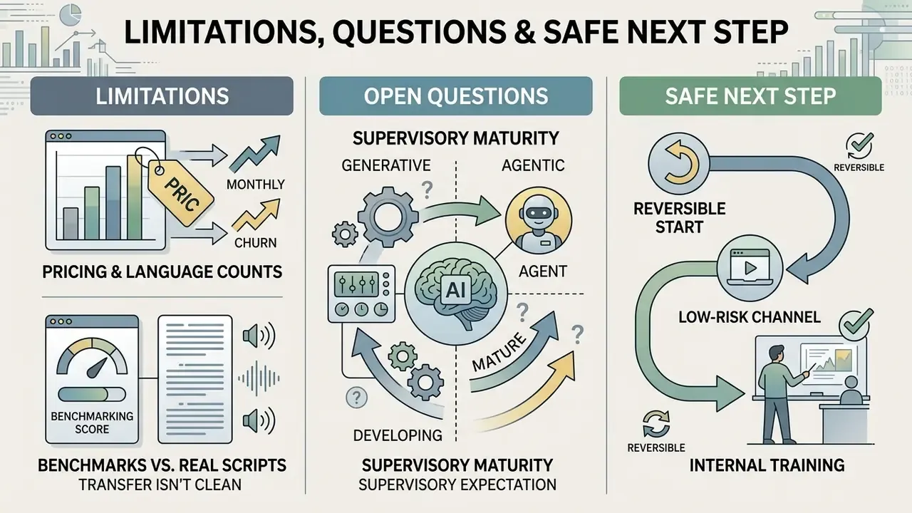 Infographic outlining AI voice generator limitations, open questions, and a safe implementation process
