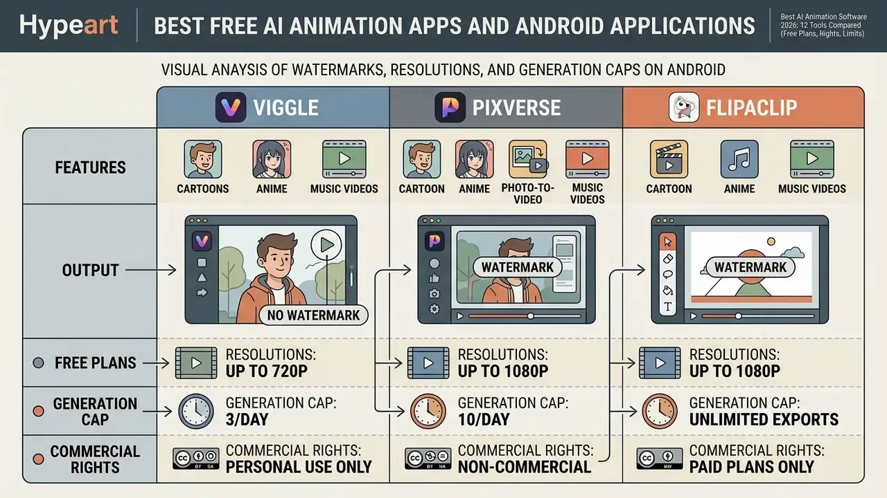Table comparing free export limits, watermarks, and resolutions for Viggle, PixVerse, and FlipaClip