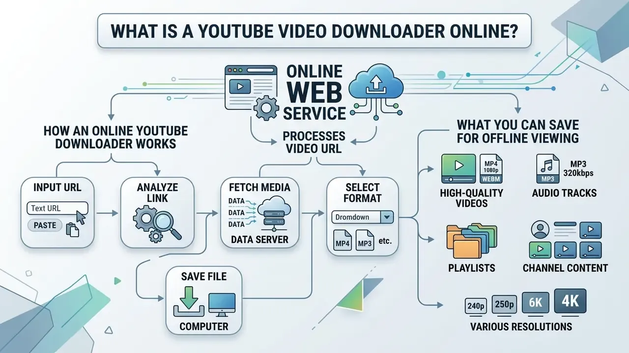 Flowchart showing how a YouTube video downloader online processes URLs to save media in various formats