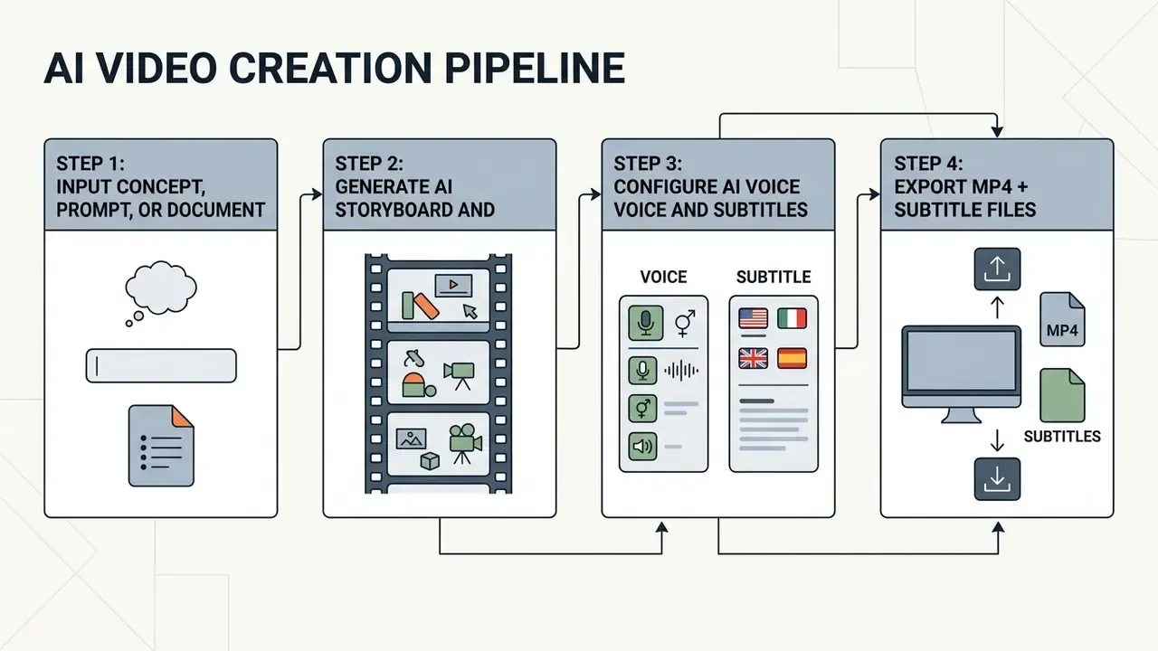 Sequential process diagram showing four stages from inputting concepts to exporting video and subtitle files