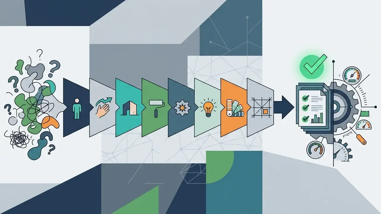 Series of colored chevron shapes transforming chaotic scribbles into an organized checklist and gear system