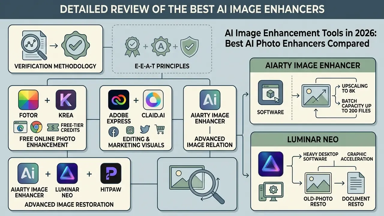 Diagram categorizing software features for photo restoration, online editing, and verification standards
