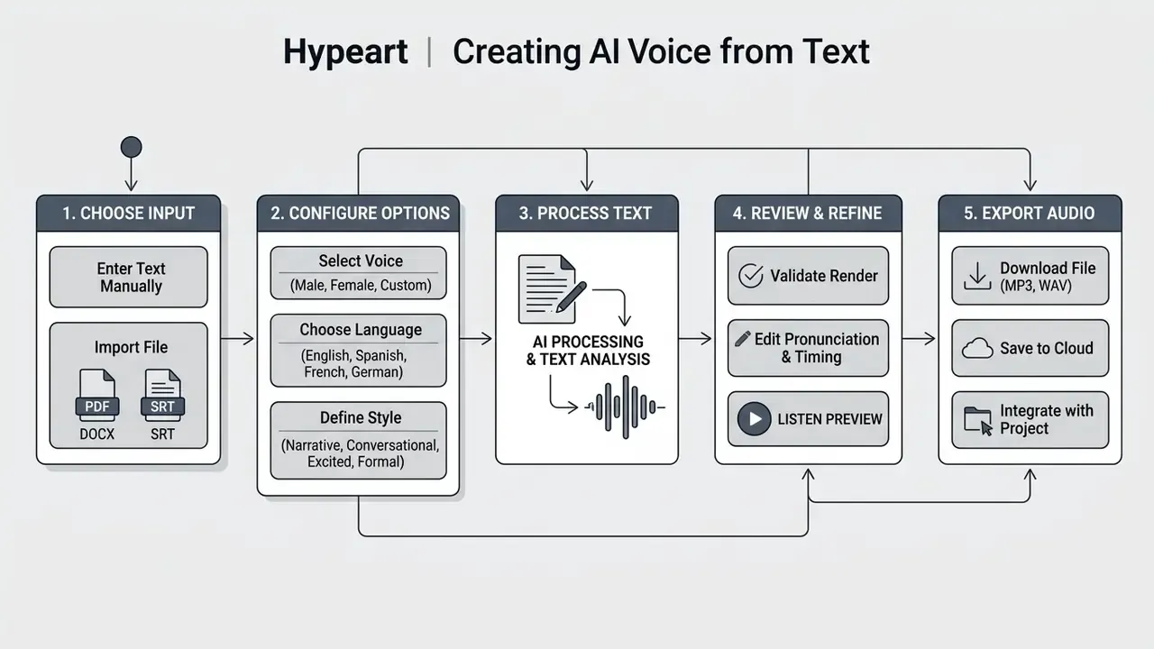 Linear workflow diagram showing five stages from text input to final audio export and integration
