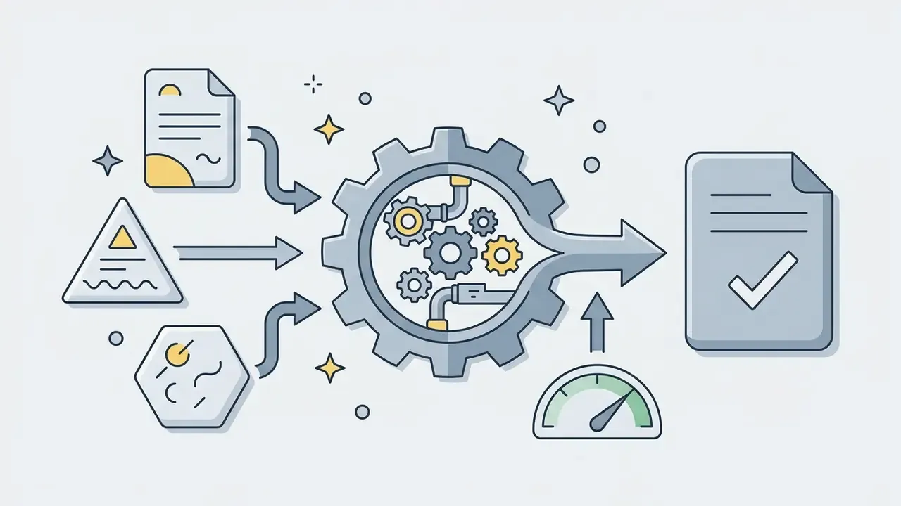 Various file icons feeding into a central gear mechanism to create a single completed document