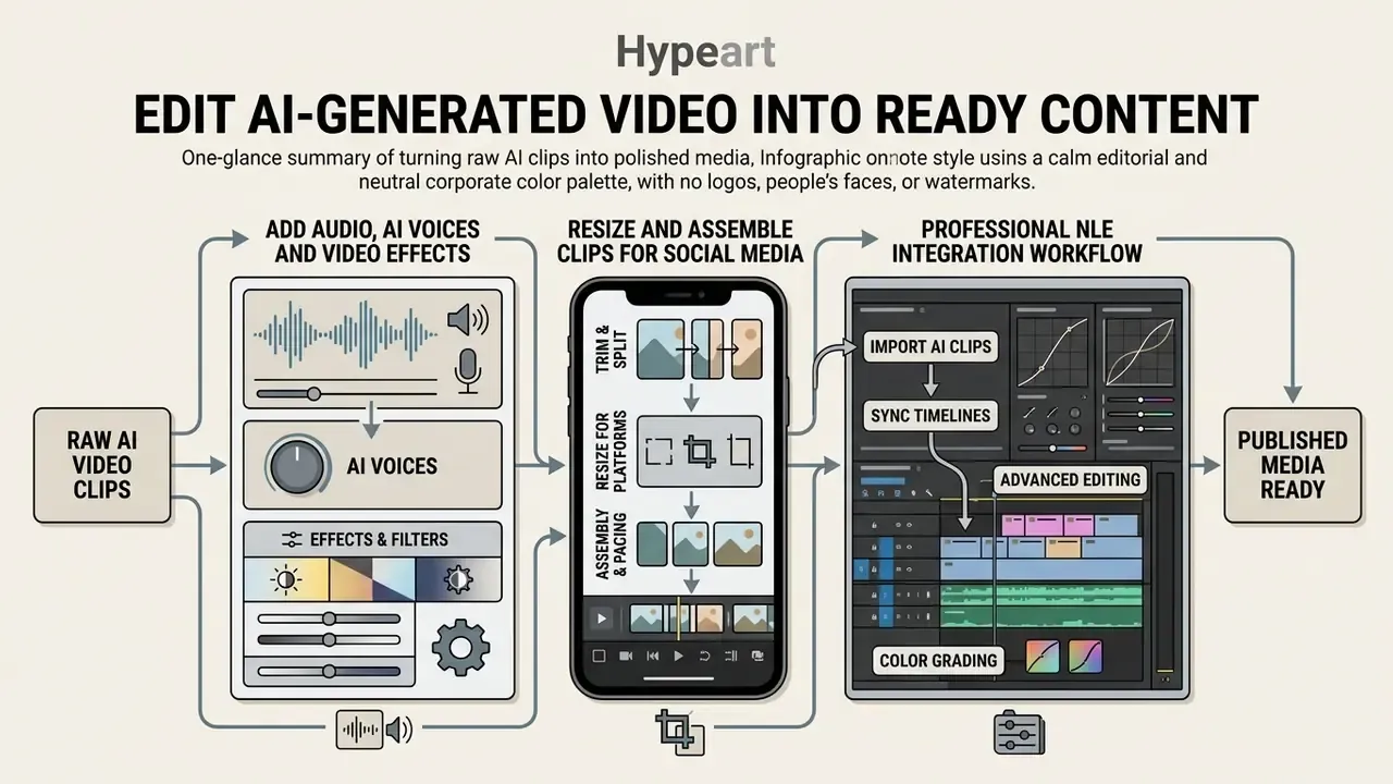 Diagram showing the post-production workflow for refining raw AI video clips into polished media