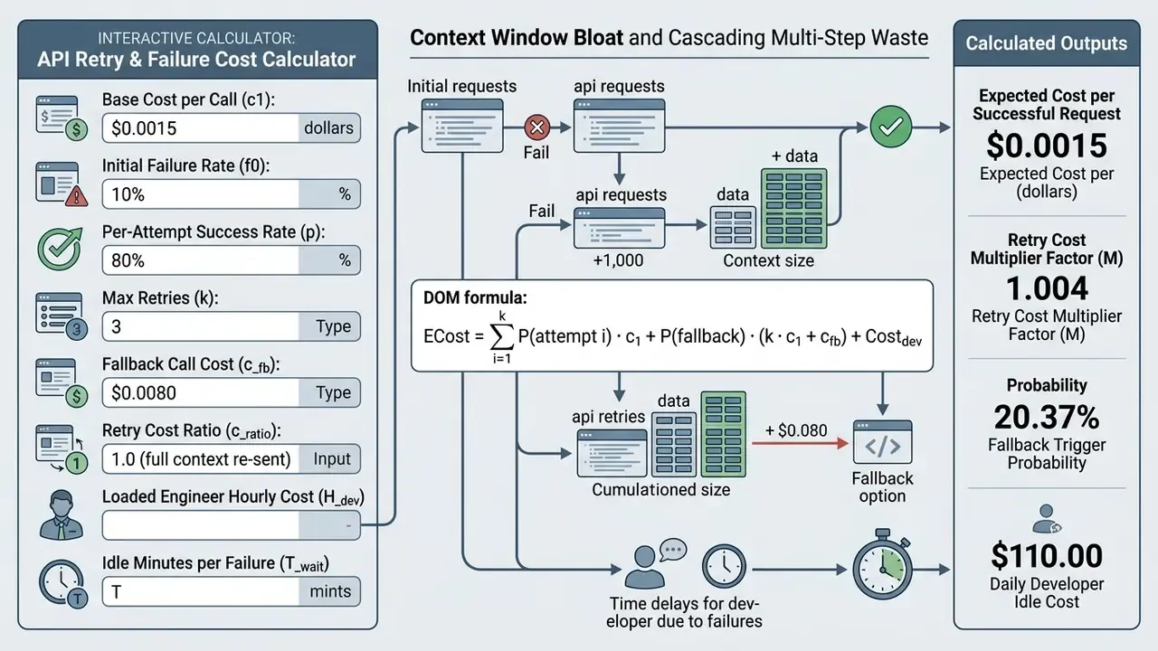 Interactive calculator interface showing API request flows, mathematical formulas, and cost output fields