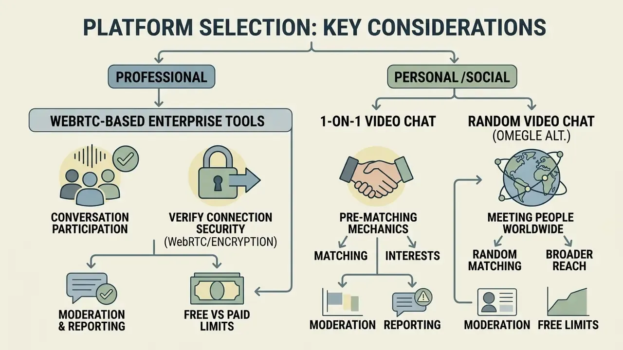 Flowchart contrasting professional enterprise tools with personal social video chat features and mechanics