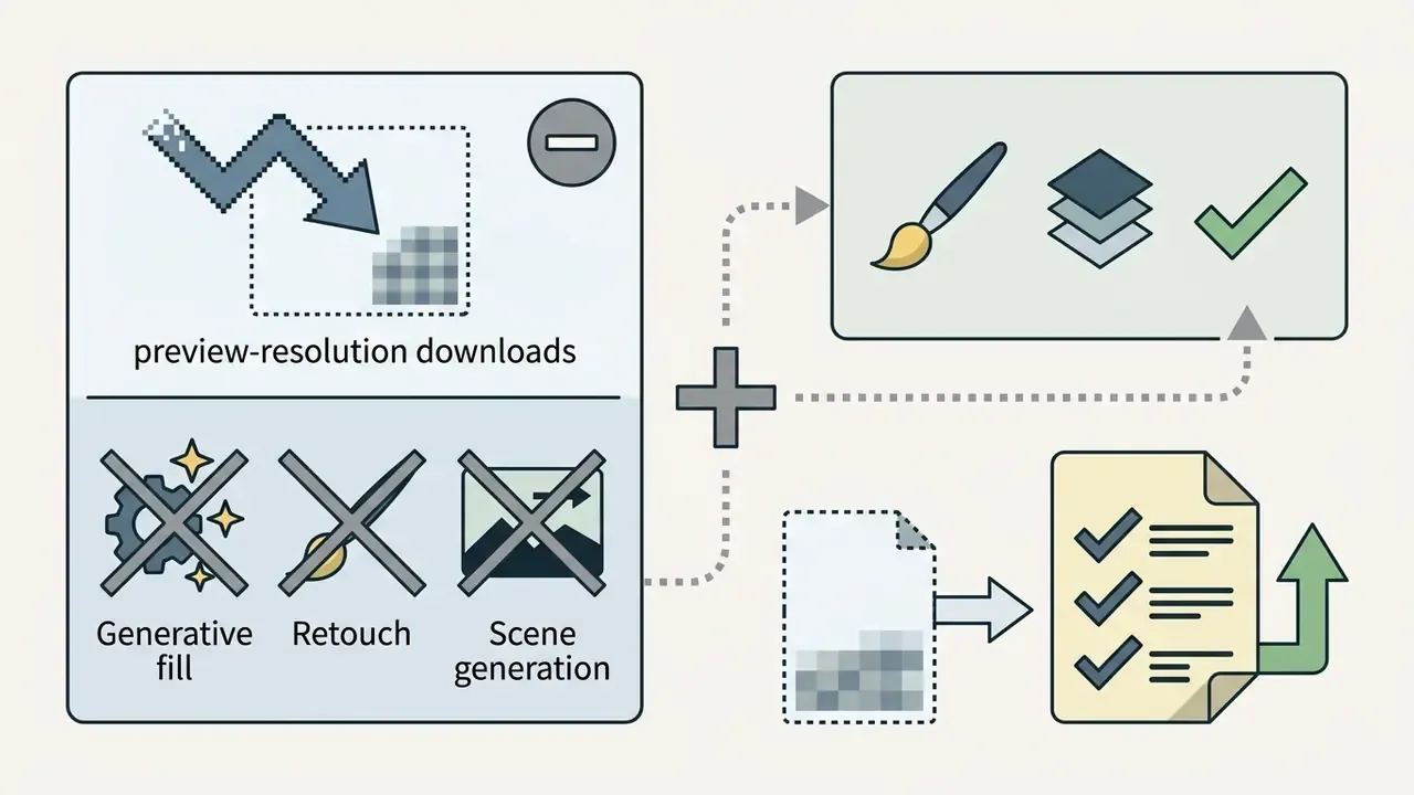 Icons showing low resolution downloads and missing editing features paired with creative tool icons