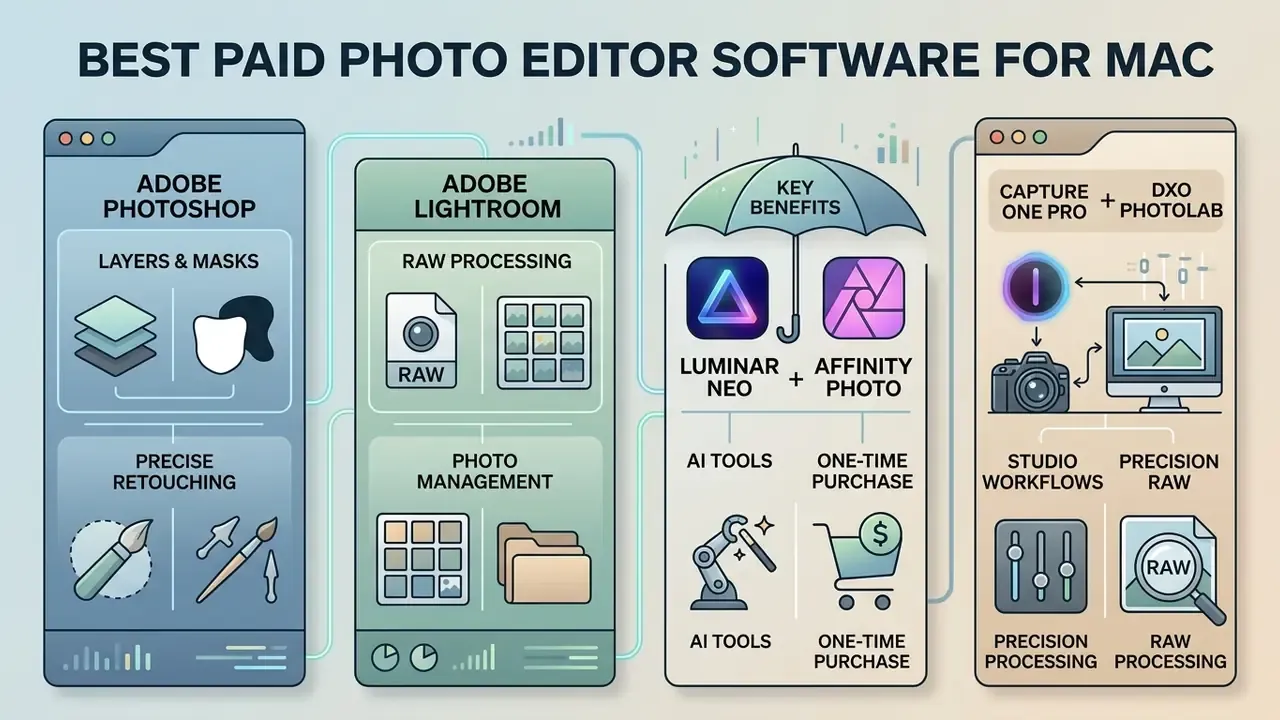 Diagram comparing features of professional photo editor software for Mac including Adobe and other tools