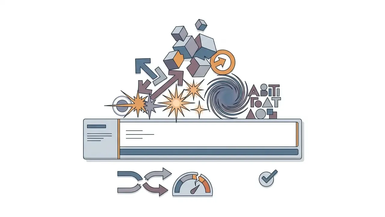 Cluttered collection of 3D cubes, arrows, starbursts, and geometric shapes erupting from a video timeline