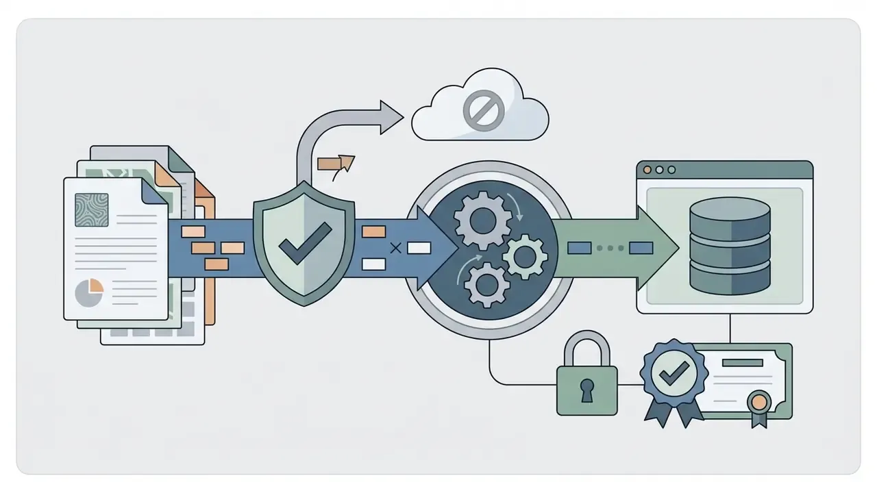 Documents passing through a protective shield and gear mechanism into a database with security icons
