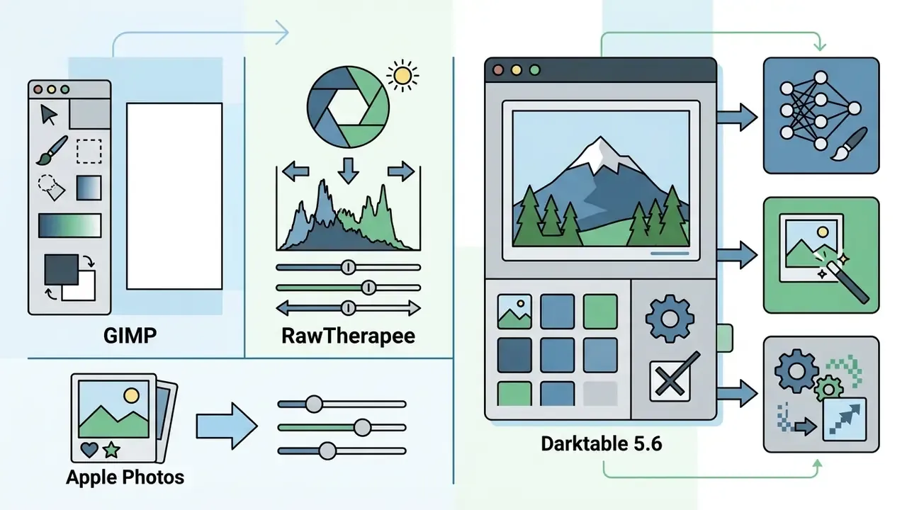 Comparison of GIMP, RawTherapee, and Darktable 5.6 showing tools for image editing, RAW processing, and AI tasks