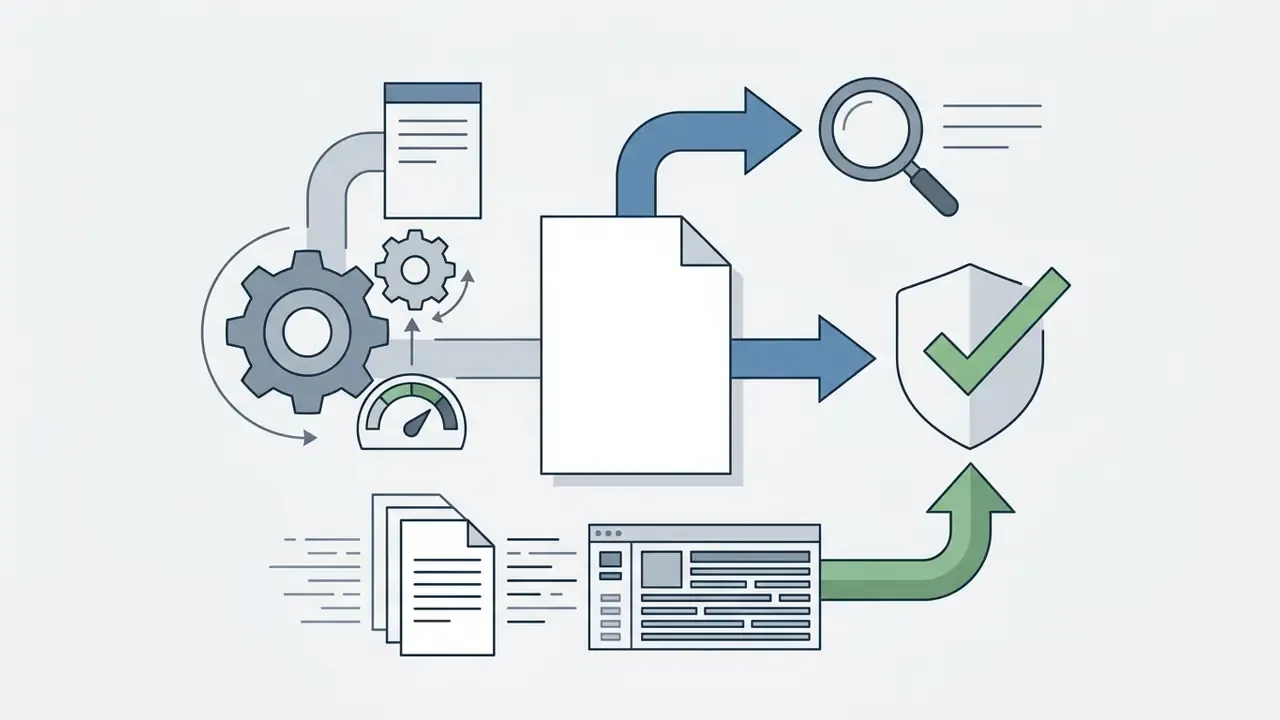 Document processing flow with gears and a gauge leading to a shield icon with a green checkmark