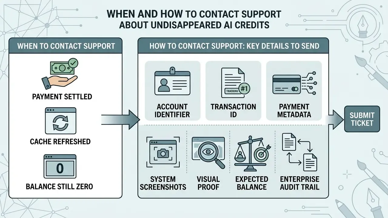 Checklist of conditions and required documentation for submitting a support ticket for AI credits