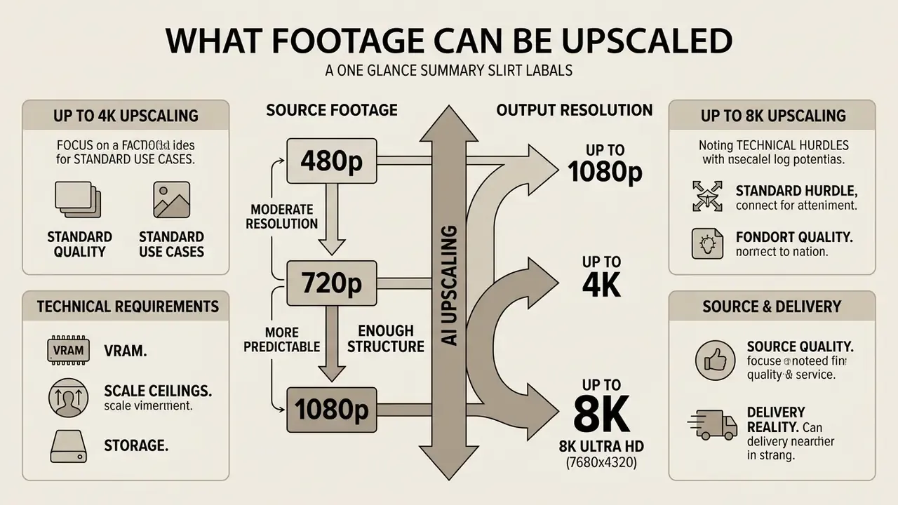 Flowchart showing how source resolutions are processed by AI upscaling to reach higher output targets