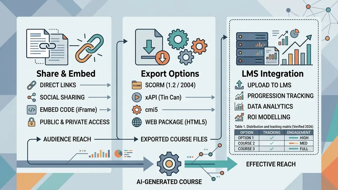 Three-column diagram showing methods for sharing, exporting, and integrating online course content