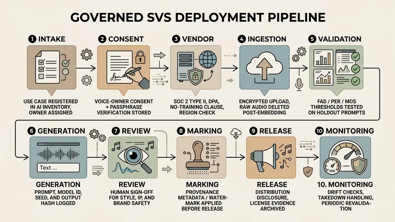 Ten sequential steps for a governed deployment pipeline including intake, consent, validation, and monitoring