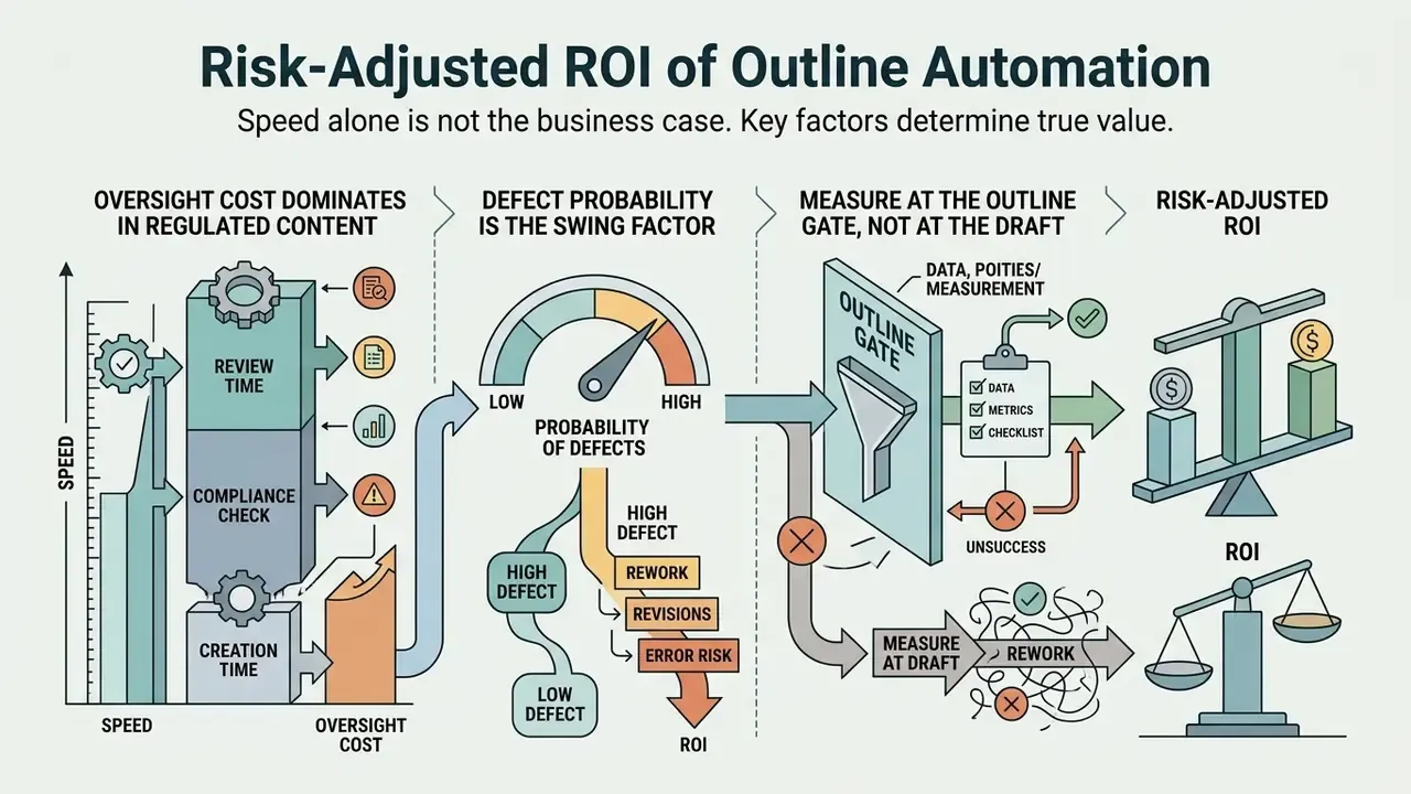 Flowchart showing how oversight costs and defect probability impact the financial return of content