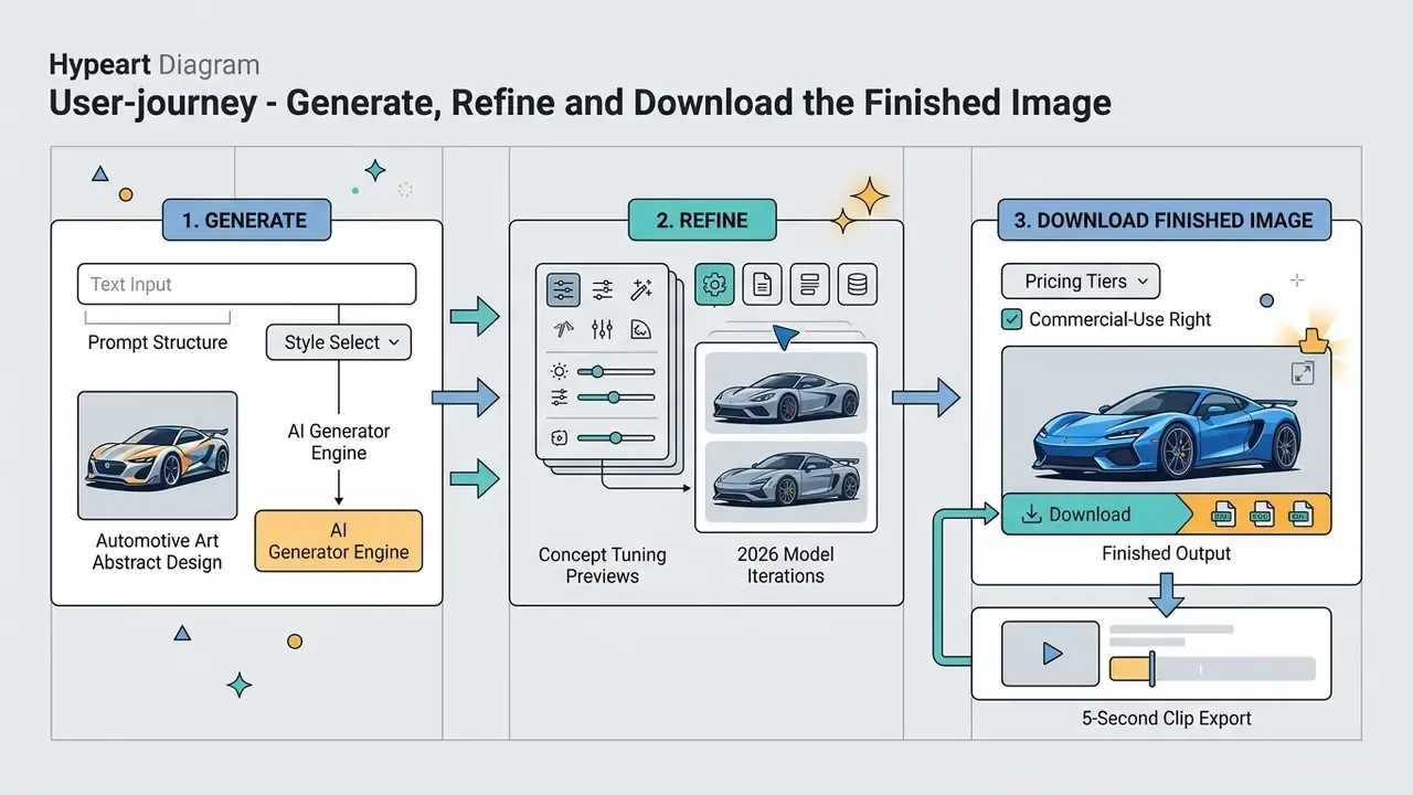 Workflow diagram showing the progression from initial prompt generation to refinement and final download