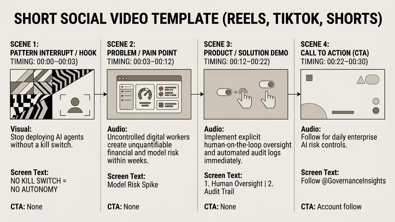 Four sequential panels detailing the timing, visual, audio, and text components of a short video