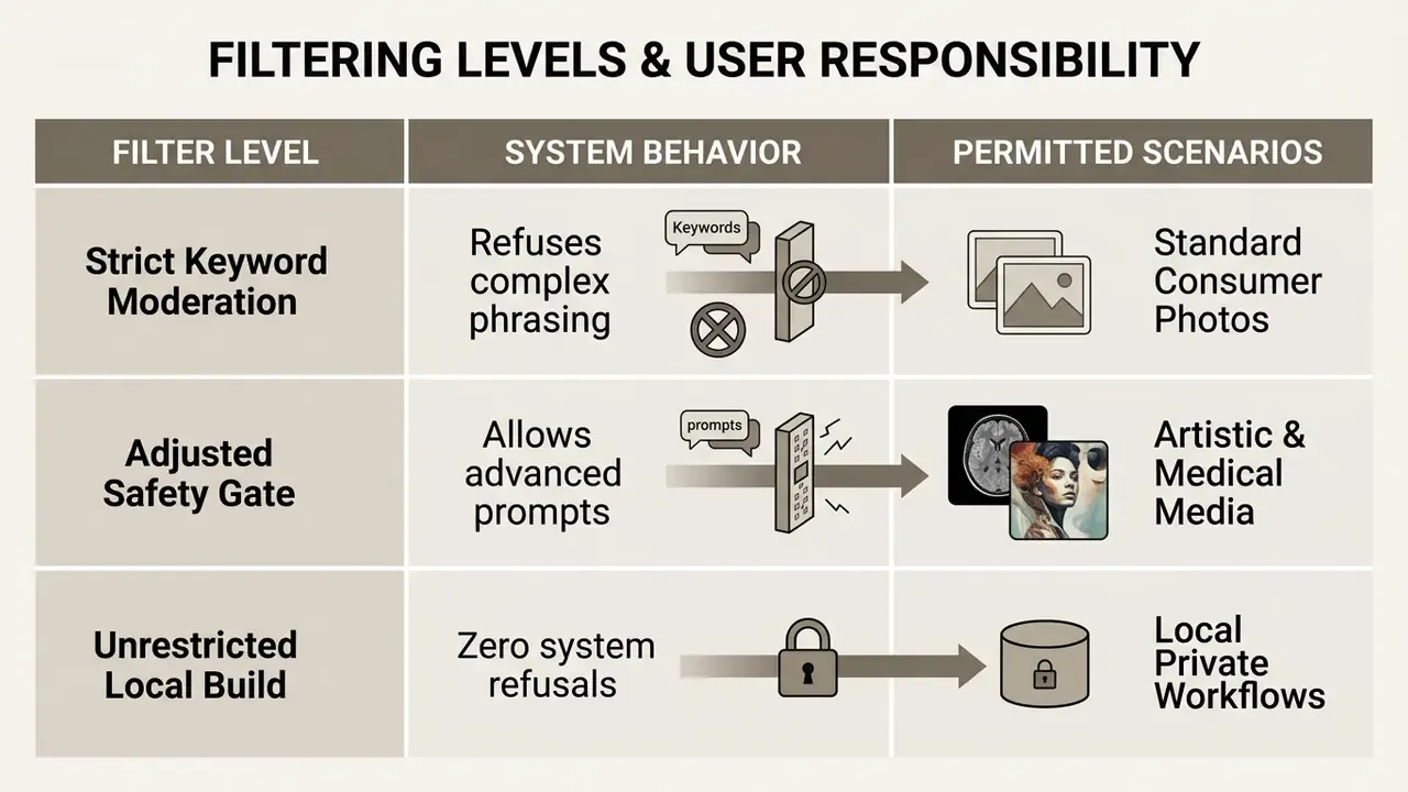 Table mapping three levels of content filtering to system behaviors and permitted usage scenarios