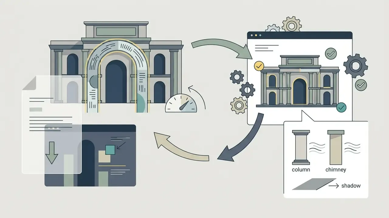 Architectural building elements being analyzed through a digital workflow with gear and gauge icons