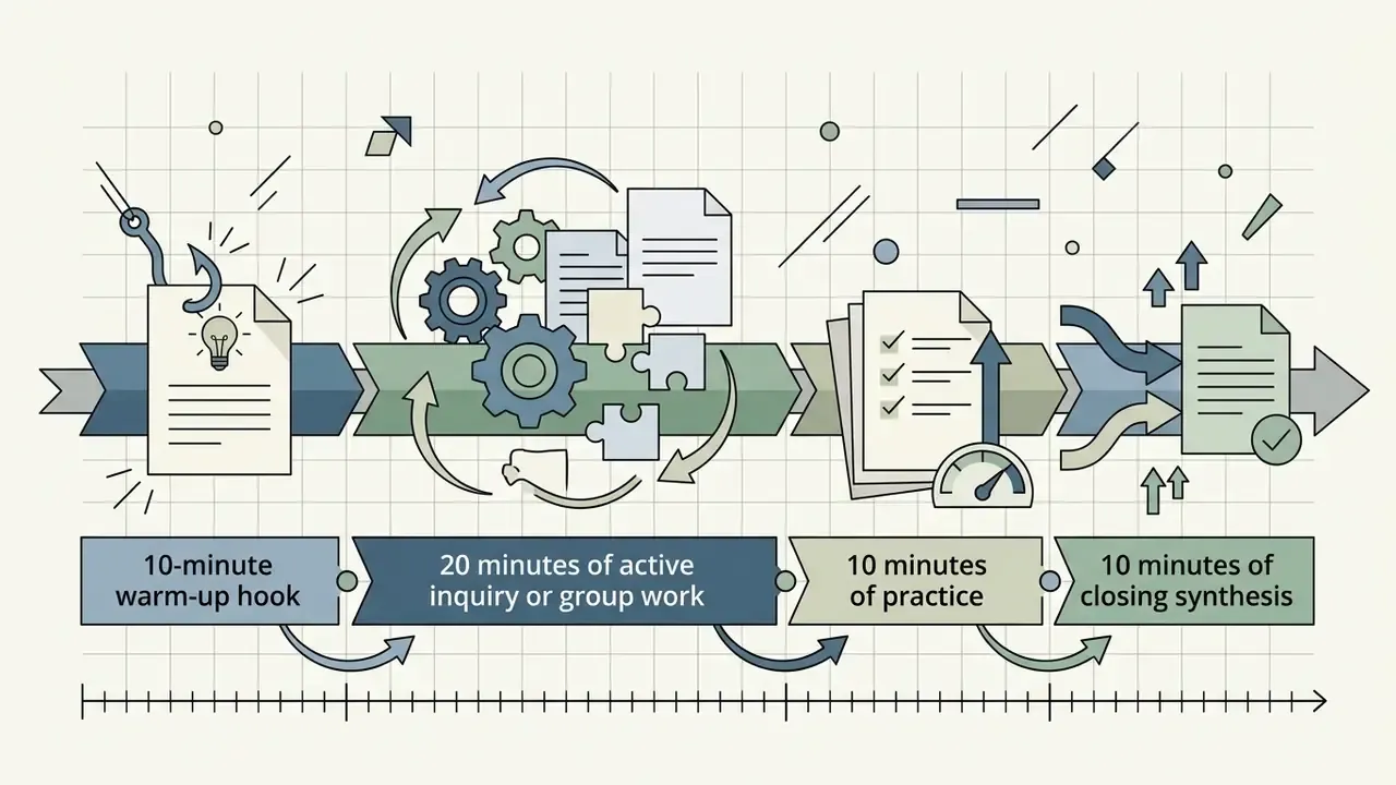 Linear timeline showing four sequential classroom activities with gear and document icons