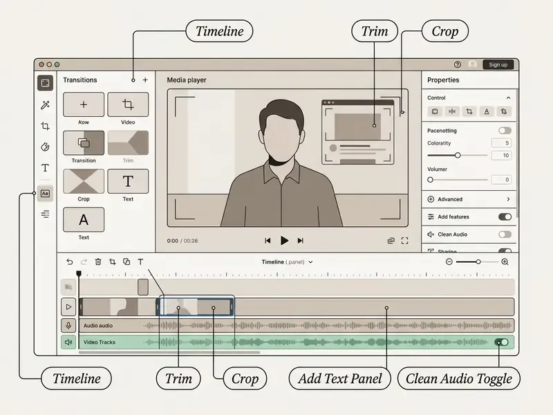 Annotated software interface showing a video timeline, trim and crop tools, text panel, and audio toggle