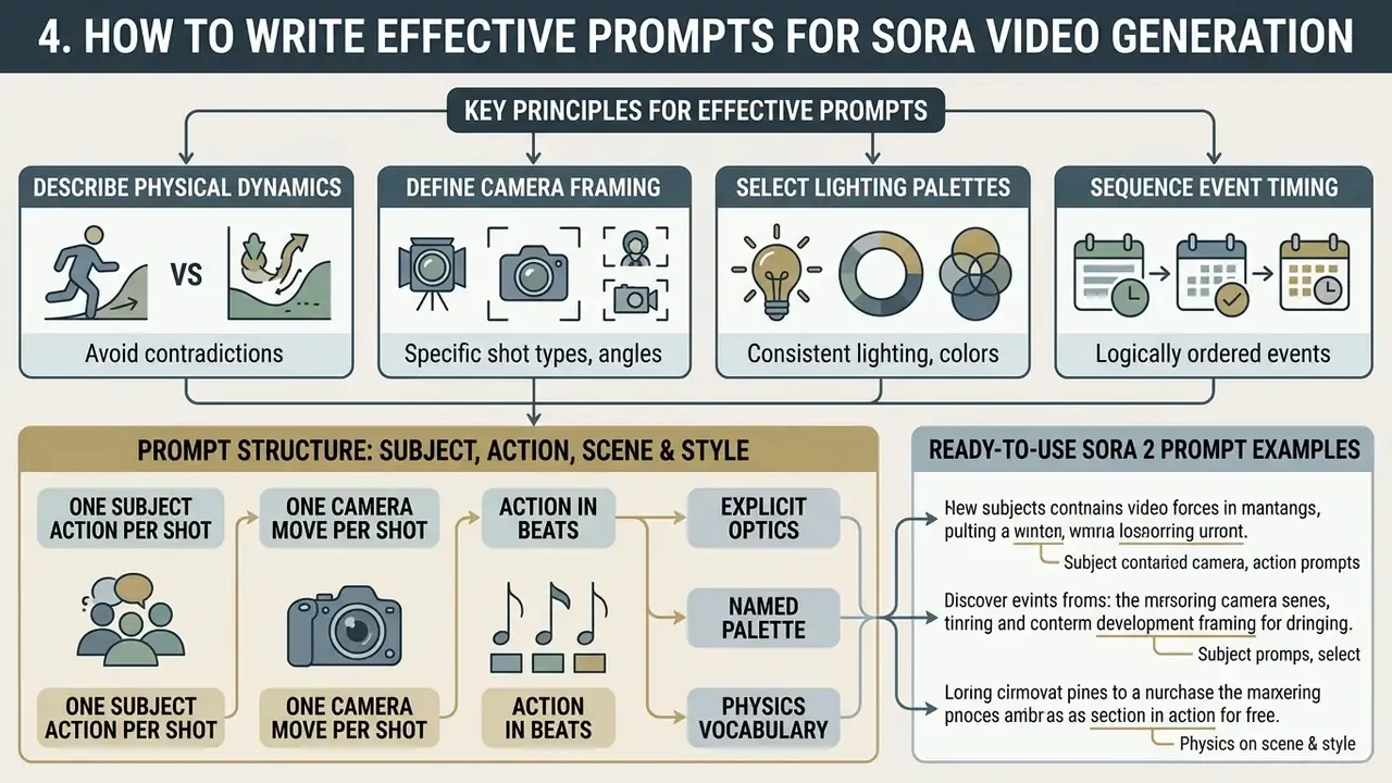 Diagram outlining key principles for Sora video generation prompts including structure and examples