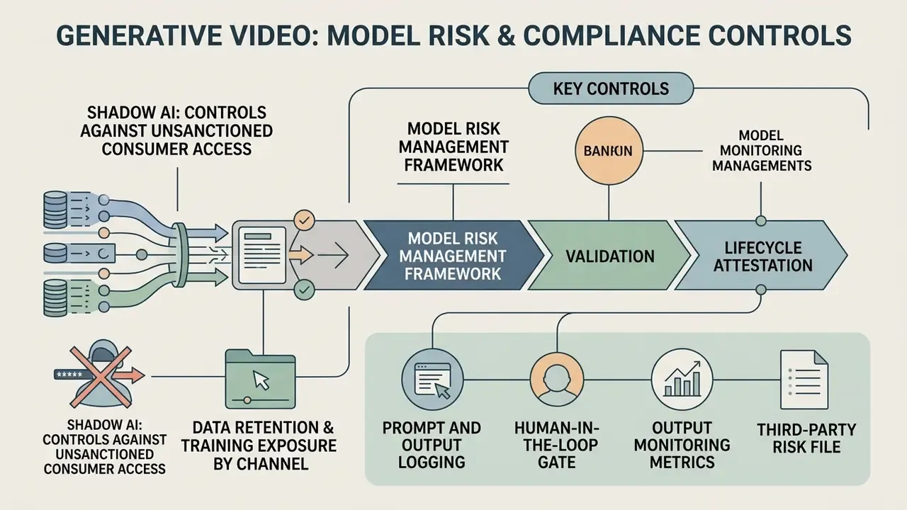 Diagram detailing risk management frameworks and compliance controls for generative video systems