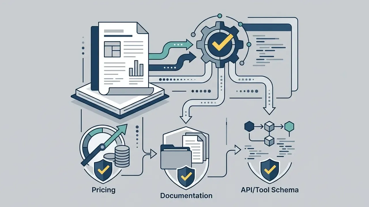 Document and gear icons linking to pricing, documentation, and API schema modules with checkmark badges