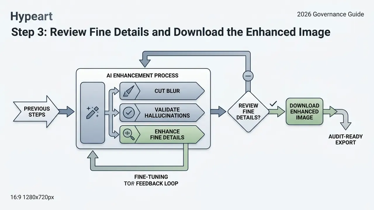 Flowchart illustrating the AI enhancement cycle with feedback loops for reviewing details and final export