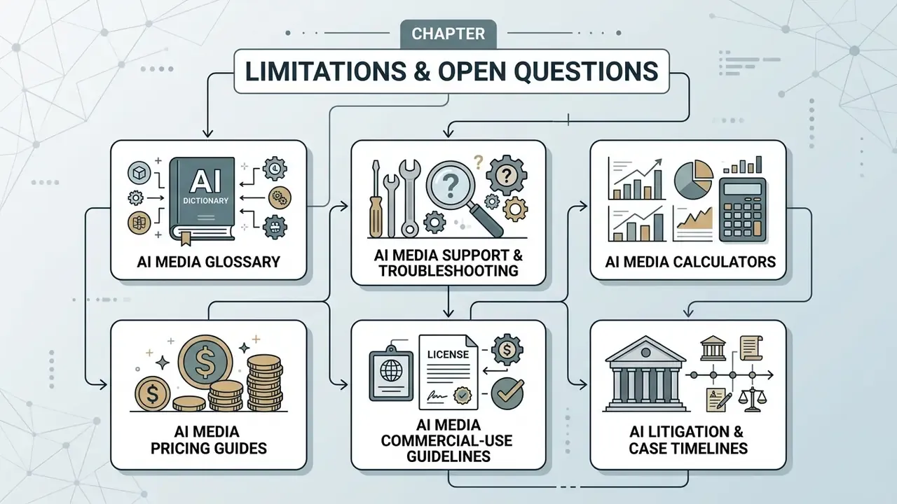 Map of navigation links for AI media resources including glossary, support, calculators, and legal guides