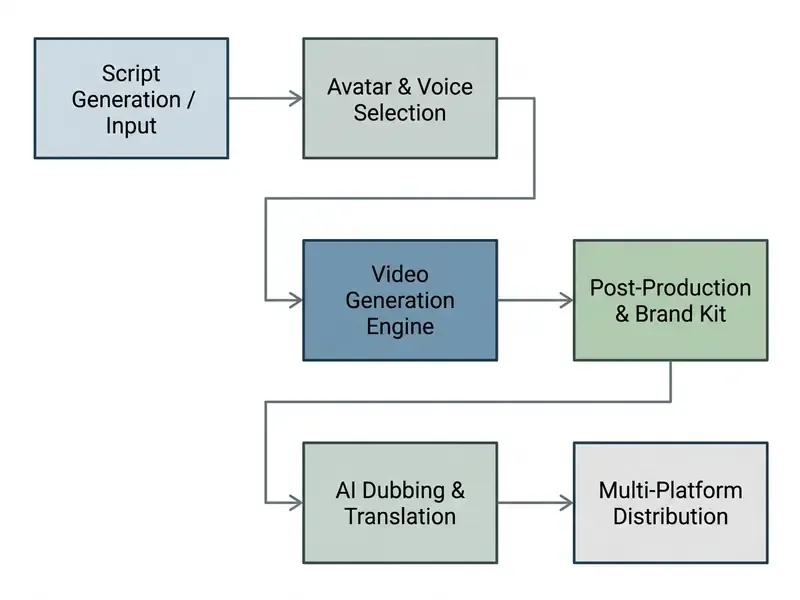 Sequential steps for generating AI avatar videos ranging from script input to multi-platform distribution