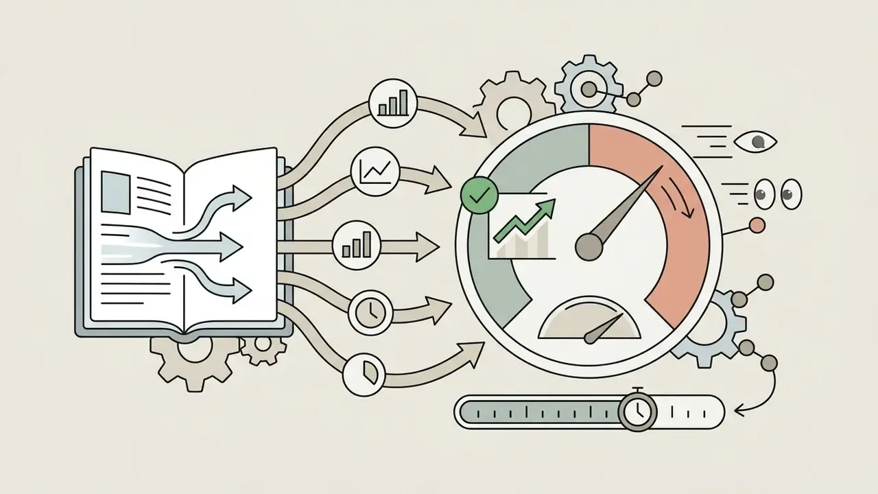 Book content flowing through analytics icons into a gauge measuring reader engagement and time on page